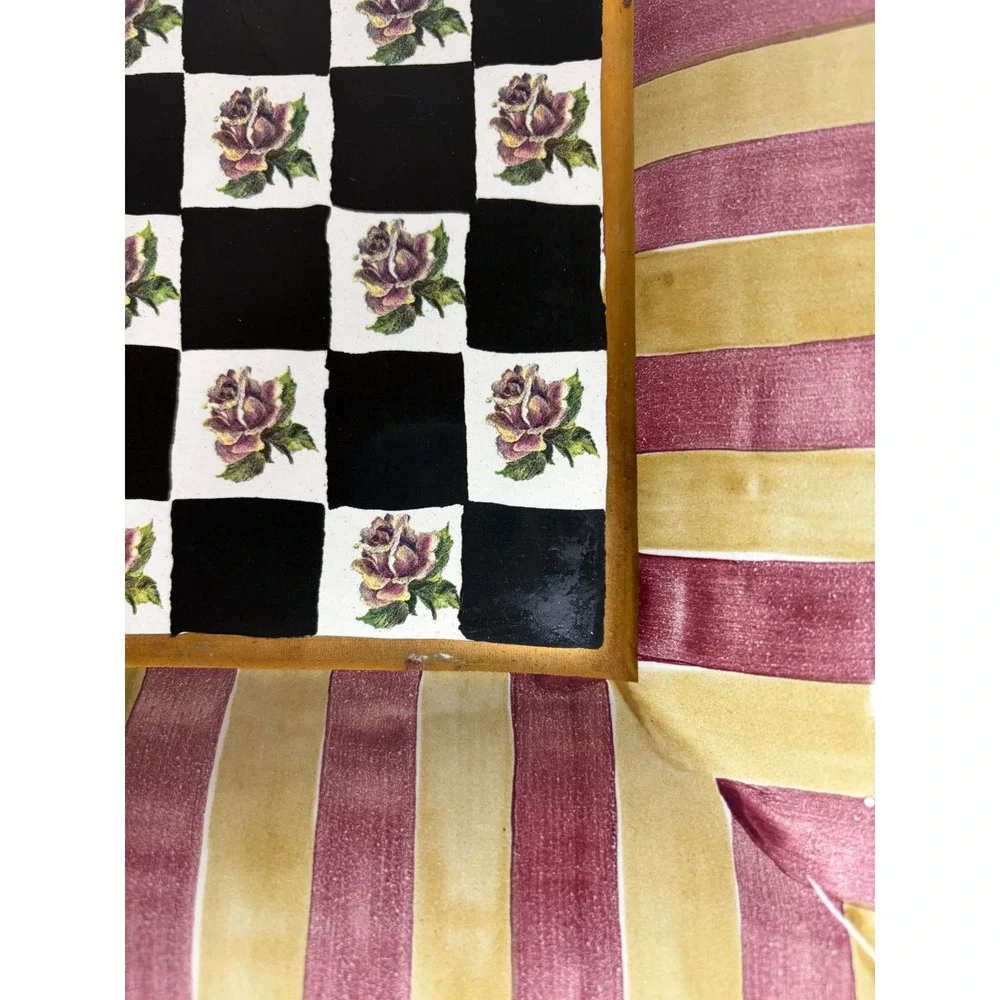 MacKenzie-Childs Aurora Terracotta Square Platter Courtly Check Rose 12in Tray